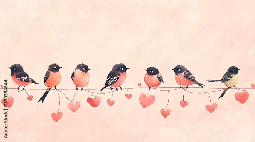 Canvas Prints Seven cute birds perched on a branch adorned with hearts against a soft pink background.