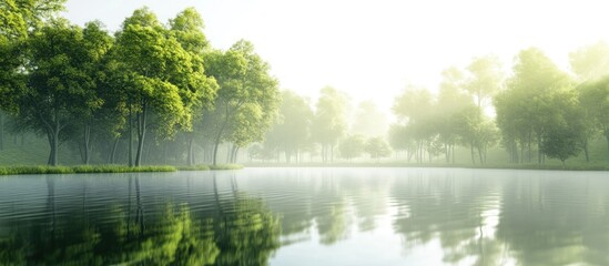 Fototapeta premium Serene misty morning lake reflecting lush green trees.