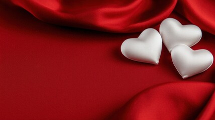 Fototapeta premium Valentine's day theme background. A romantic arrangement featuring three white hearts on luxurious red fabric, perfect for expressing love and affection.