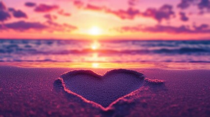 Fototapeta premium Valentine's day theme background. A heart shape drawn in sand at sunset, with vibrant colors reflecting on the ocean, creating a romantic and serene atmosphere.