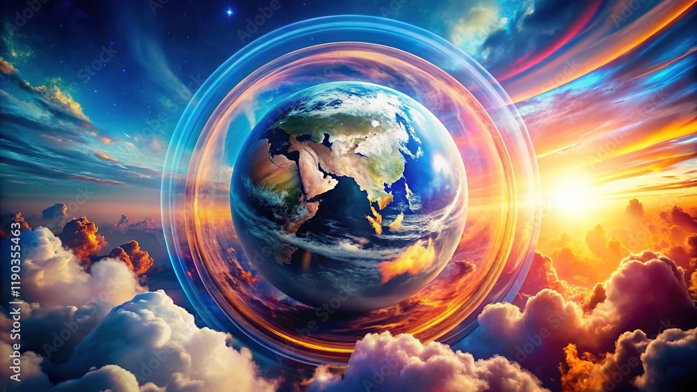 Poster futuristic earth: rotating globe double exposure with digital clouds and tech lines - abstract anima