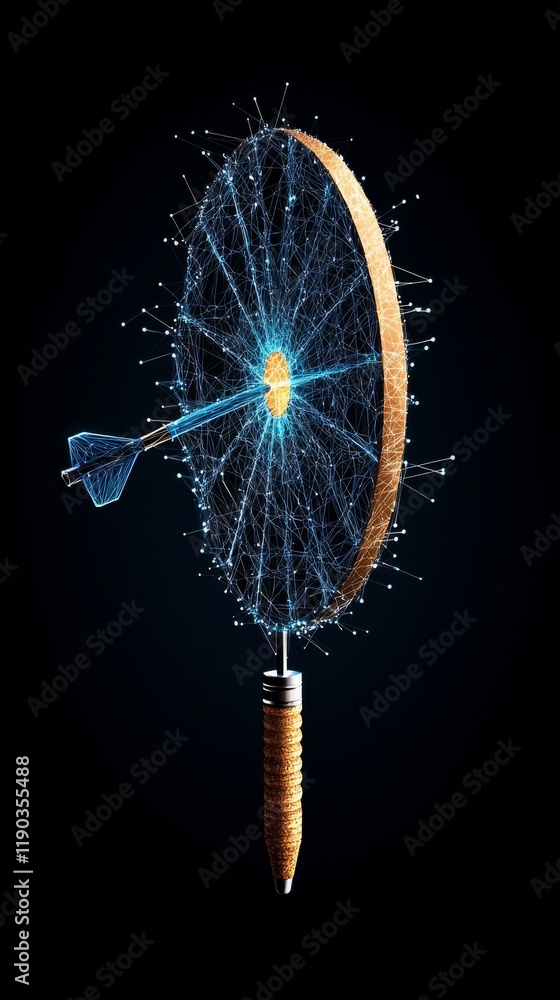 Poster dart hitting a target with digital connections in a dark setting illustrating precision and technolo