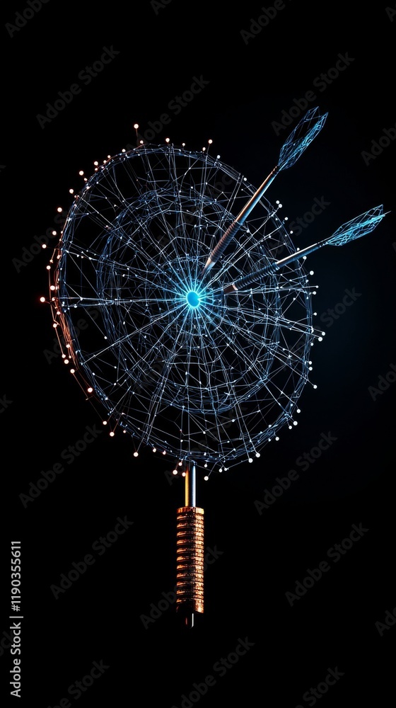 Poster digital dartboard with glowing arrows highlighting technology and precision in modern gaming environ