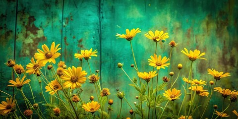 Grunge Emerald Green Landscape with Vibrant Yellow Wildflowers