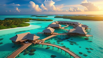 Obraz premium A breathtaking aerial view of a luxurious Maldives resort, showcasing a series of elegant overwater villas with thatched roofs and private decks