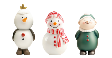A smiling snowman figurine adorned with a red hat and scarf, isolated on white background, embodies festive cheer