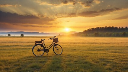 Obraz premium Bicycle Journey Across Sunset Glass Meadows 