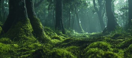 Fototapeta premium Lush mossy forest floor with sunlight filtering through the trees.