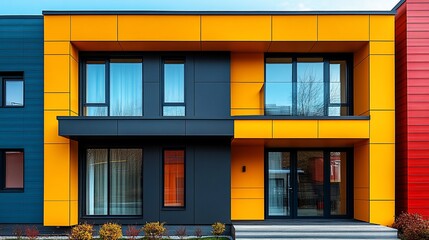 Modern Colorful House Exterior: Vibrant Yellow, Dark Gray, and Red Accents