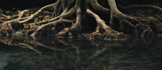 Mangrove tree roots reflected in dark water.