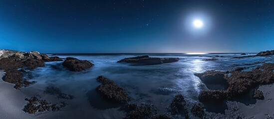 Moonlit coastal panorama at night, showcasing serene ocean waves lapping against rocky shores under a bright moon and starlit sky.