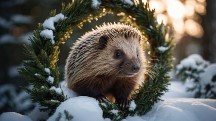 Obraz premium A hedgehog surrounded by a festive wreath in a snowy forest setting.