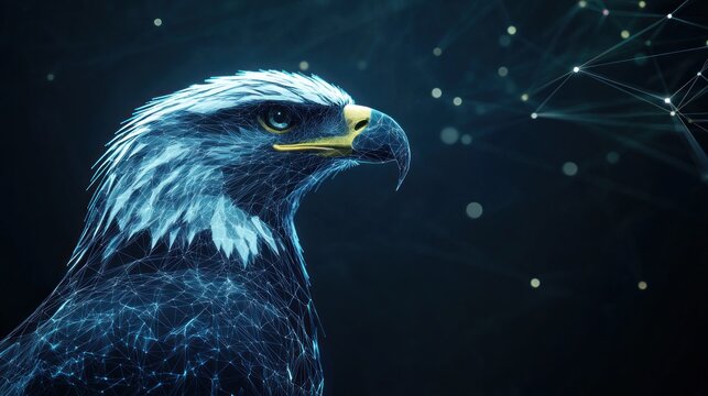 Abstract polygonal eagle head profile, dark background.