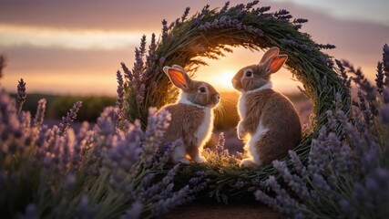 Two rabbits sit in a lavender wreath during a sunset, creating a serene, idyllic scene.