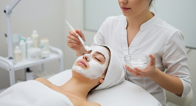 Woman enjoying facial treatment at beauty parlor or spa salon. Professional beautician holding small bowl with white clay mask and using brush to apply it on face of young woman client
