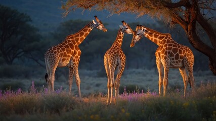 Obraz premium Three giraffes interacting in a serene landscape during sunset.