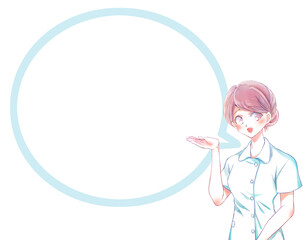 案内をする女性看護師　笑顔　吹き出し