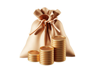 PNG money bag gold coin on transparent 3d background.