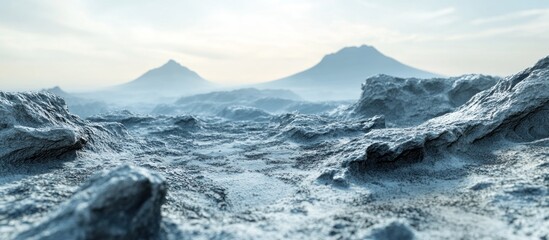 Frozen, rocky landscape with distant mountains under a bright sky.