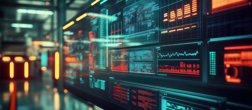 Futuristic digital dashboard displays data streams, graphs, and charts on a large screen in a modern tech environment.