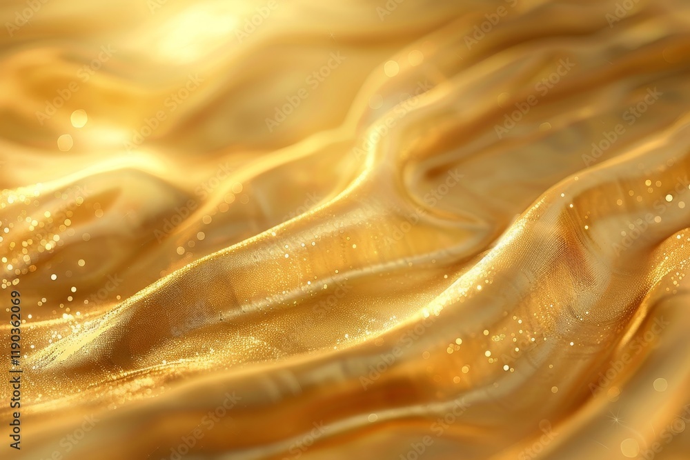 Poster close-up of golden fabric with a shimmering texture illuminated by sunlight, glowing gold background