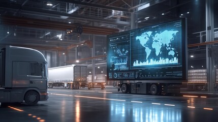 Global logistics and transportation management system displayed on a large screen in a warehouse with trucks.