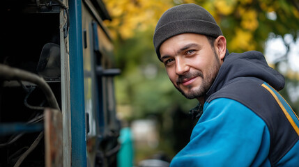 Mediterranean mechanic with friendly expression at work. Ideal for automotive service, skilled trade, or professional expertise content.