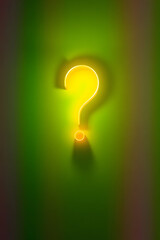 A glowing question mark in neon style, set against a vibrant green background. The question mark is illuminated with a bright yellow-orange hue, creating a striking contrast with the green.