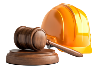 Wooden judge gavel with construction hat.