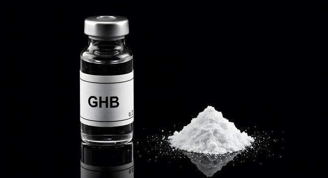 edical vial with GHB label and white powder emphasizing pharmaceutical and healthcare industry themes on reflective black surface