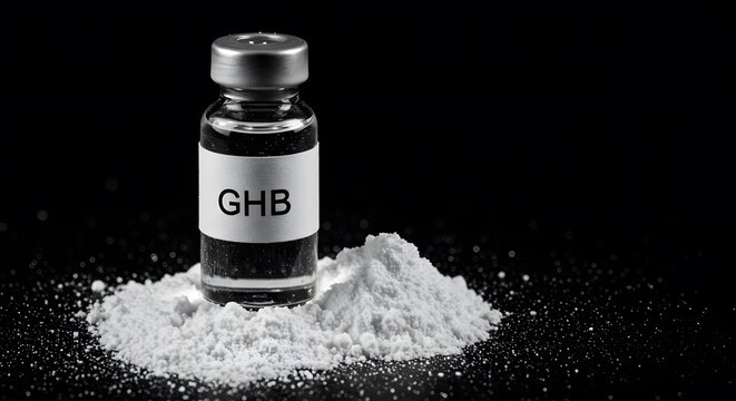 edical vial with GHB label and white powder emphasizing pharmaceutical and healthcare industry themes on reflective black surface