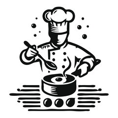 Chef holding silhouette vector, chef holding line art vector illustration, chef preparing a dish, logo design, Food, meal, restaurant and catering, vector design and illustration