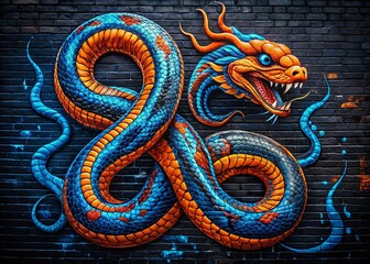 Obraz premium 2025 Chinese New Year Snake Graffiti Art - Blue & Orange Scales on Black Wall - Vertical Street Art