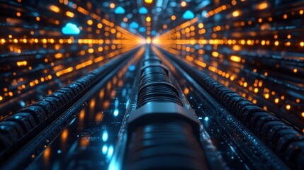 Futuristic data center tunnel with glowing cables and cloud icons.