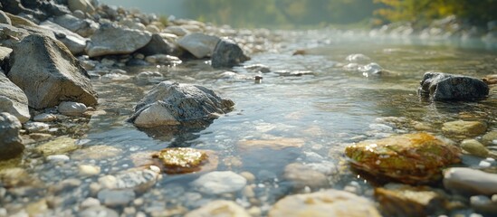 Clear stream flows over smooth stones and pebbles in a sunlit forest.