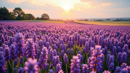 Naklejka premium Auburn sunset casts golden hues over a vibrant sea of deep purple lavender, with delicate petals dancing under the twilight glow, capturing nature's serene beauty at dusk