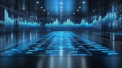 Futuristic Data Corridor Showing Financial Market Graphs