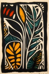 Abstract botanical print with stylized plants in teal, orange, and yellow.