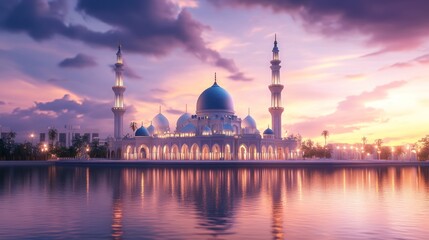 Naklejka premium Majestic mosque reflecting in calm water at sunset. (1)