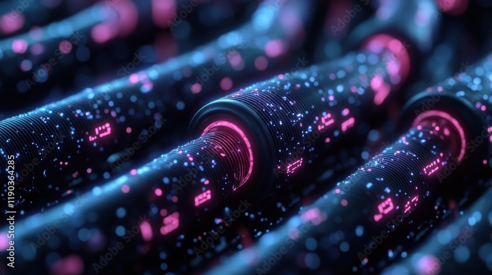 Poster futuristic data streams flowing through glowing tubes.