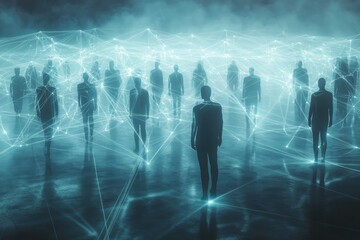 Mysterious silhouettes in digital landscape represent connection