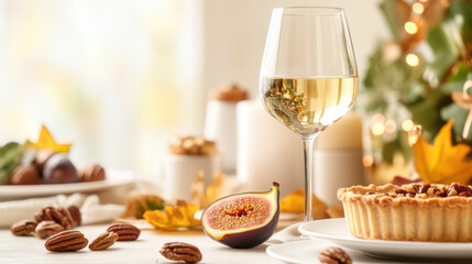 Naklejka premium Dessert Wine, A rustic table setting featuring a glass of dessert, captured in high fidelity, highlighting elegance and warmth in home decor.