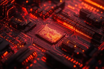 Close-up of illuminated red circuit board with central processor.