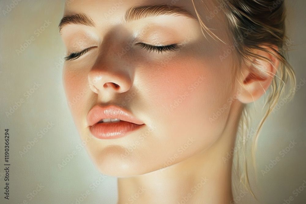 Poster serene portrait captures soft features and gentle expressions, e