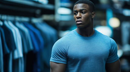 Fototapeta premium African American athlete in retail environment. Perfect for fitness lifestyle, sportswear retail, or active fashion content.