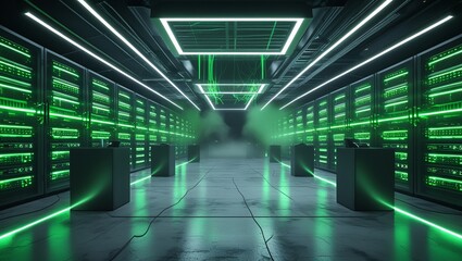 Obraz premium A futuristic data center with sleek, polished concrete floors and walls, illuminated by a mesmerizing array of glowing servers arranged in neat, organized rows, radiating a vibrant green & blue light.