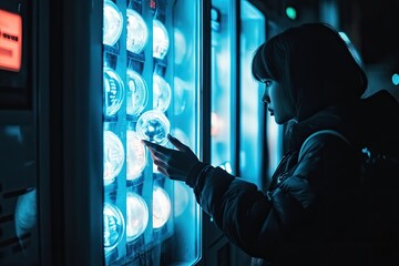 Neon-lit vending machine glows as person reaches for selection,