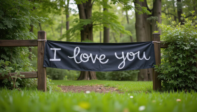 Simple black banner with "I Love You" displayed in a lush green park, conveying affection
