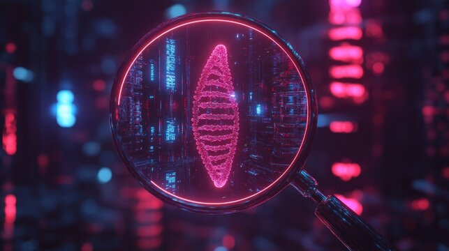 Futuristic magnifying glass reveals glowing DNA strand in cyberpunk city.