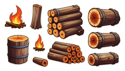 Rustic Cartoon Logs, Fire, and Wooden Barrels: A Campfire Collection
